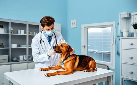 A veterinarian performing a check up on a dog; an animal doctor is treating the dog patient on a table; medical and hospital and vet clinic; professional photography