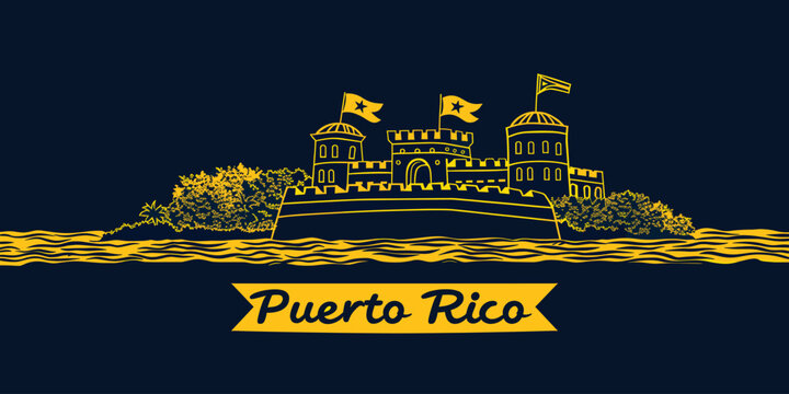 Stylized Yellow Outline Illustration of Puerto Rico's Historic Fort on a Dark Blue Background, Featuring Flags and Text Banner