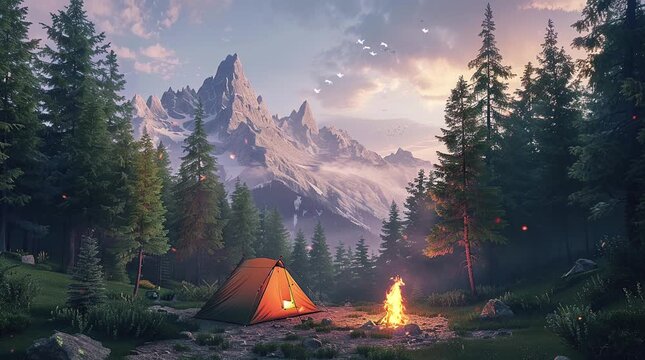 Cozy camping tent with a glowing bonfire in a picturesque valley, set against a majestic mountain backdrop under a starlit night sky Seamless looping 4k time-lapse virtual video animation Generated AI