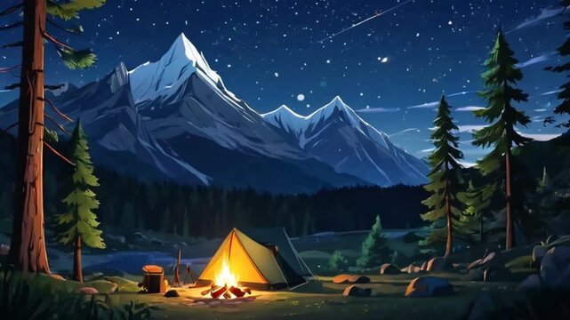 camping evening scene. Tent, campfire, pine forest and rocky mountains background, starry night sky cartoon anime. seamless and looping 4k animation background	
