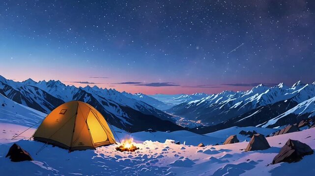 camping in the snowy mountains