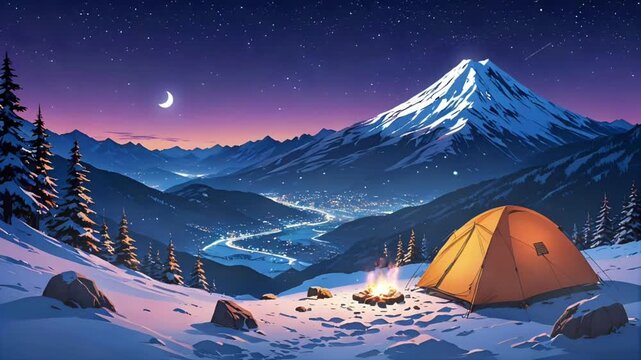 camping in the snowy mountains