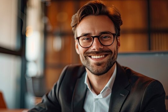 photo of a happy business man, one color background and office space,generative ai