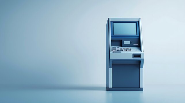 A 3D illustration of banking innovation, featuring a modern ATM machine that symbolizes cutting-edge finance technology, set against a white backdrop with ample copy space.