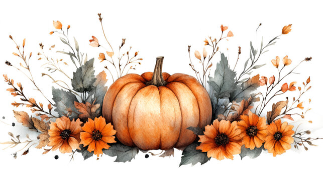 Watercolor Pumpkin and Floral Arrangement for Fall Designs