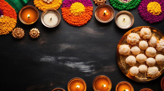 Top view of an Indian flag laid out with traditional sweets like laddoos and diyas, with ample copy space for festive messages