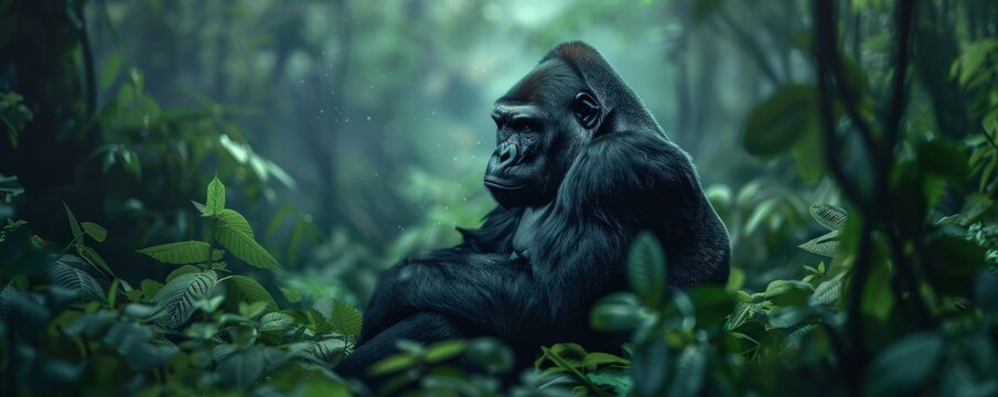 Powerful gorilla sitting in a lush forest, 4K hyperrealistic photo