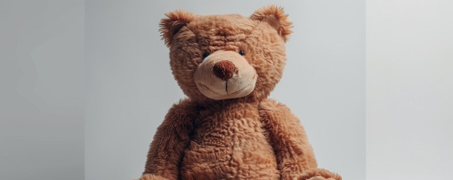 Soft plush teddy bear on white background, 4K hyperrealistic photo