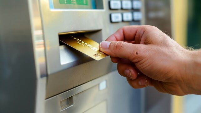 The hand inserting the credit card into the ATM