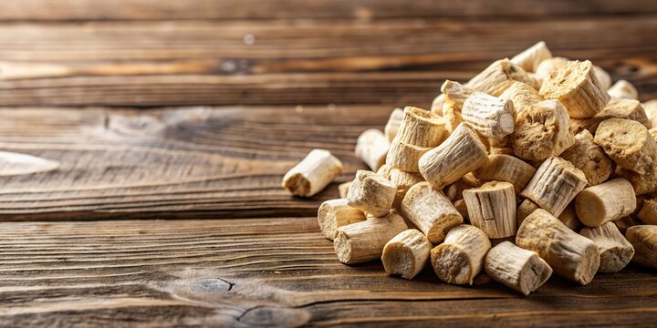 A close up stock photo of dried marshmallow root showcasing its texture and color arranged on a wooden background, closeup, texture, close-up, wooden background, herbal medicine