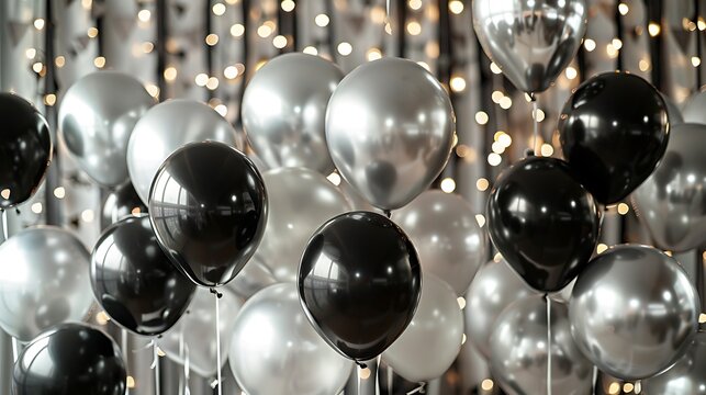 A place for congratulations on birthday arch or photo booth decorated black and silver balloons and led strips