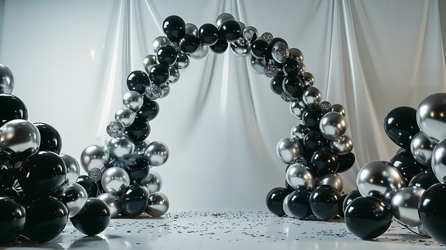 A place for congratulations on birthday arch or photo booth decorated black and silver balloons and led strips