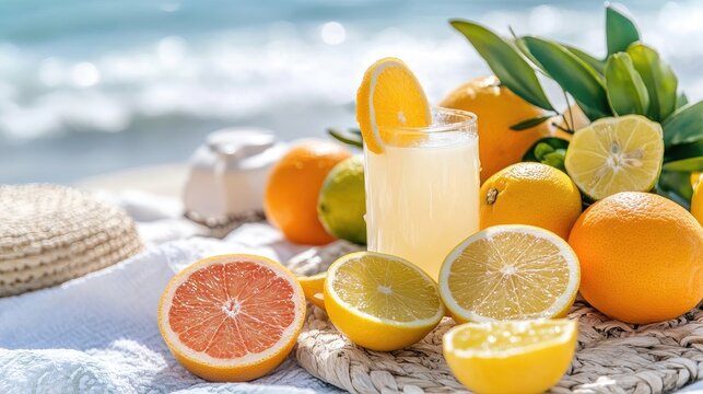 Refreshing citrus fruits on a bright and sunny beachside table during summer