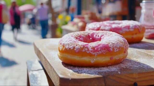 Jam doughnut outdoors in a spring, sweet street food.High quality HD 4K video clips 