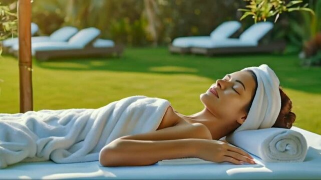 Sleeping beautiful adult female in towel laying on massage table at outdoor spa with copy space over green grass in background High quality HD 4K video clips