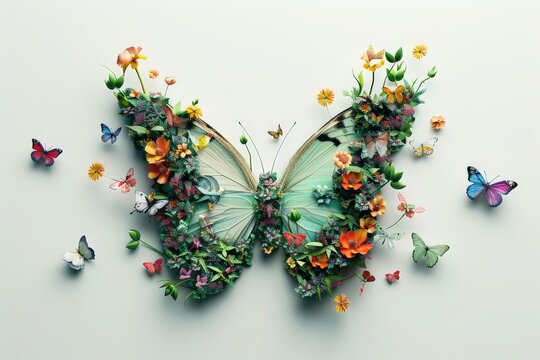 Abstract butterfly with green flowers leaves and colorful butterflies flying around it's wings, 3D illustration on a white background