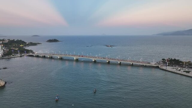 Drone footage of Tran Phu bridge, Nha Trang in the afternoon with traffic