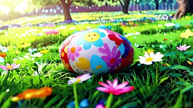 easter egg painted in flower pattern with various color and located in grass flower park with animated background and sun light Happy Easter Egg Hunt