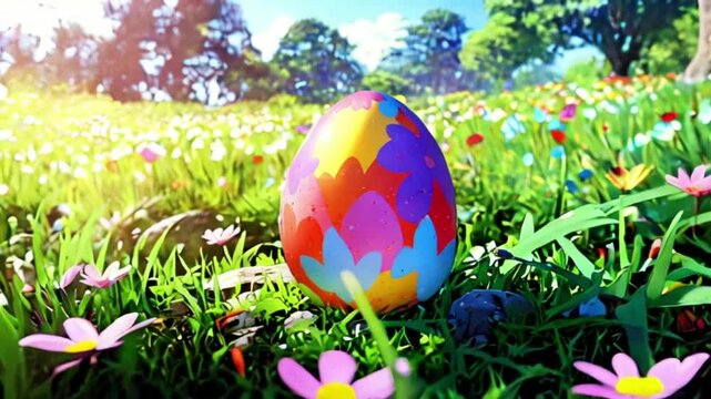 easter egg painted in flower pattern with various color and located in grass flower park with animated background and sun light Happy Easter Egg Hunt