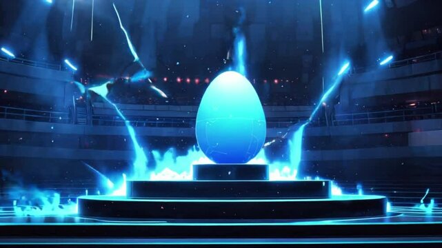 blue easter egg on podium with animated background