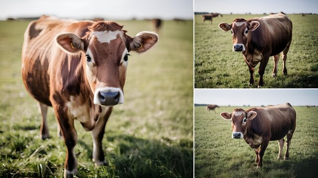 A set of photos of a cow in a field. The cow is standing on green grass and has a brown coat.