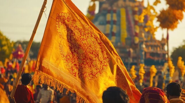 A close-up of the Gudi flag being hoisted during a celebration of Gudi Padwa, with cultural elements in the background.