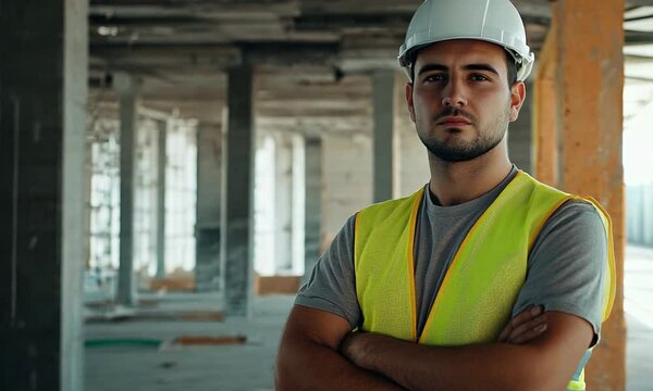 Beautiful construction worker in his thirties, looking at the camera with a serious face and crossed arms