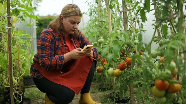 Female farmer hands holding smartphone to take photos of of fresh green organic tomato plants seedling in soil at organic farm. Caucasian female farmer in headband takes picture of large lush tomato