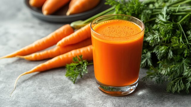 A glass of vibrant carrot juice, surrounded by fresh carrots on a grey textured table, against a crisp white background. Perfect for natural and healthy food visuals.