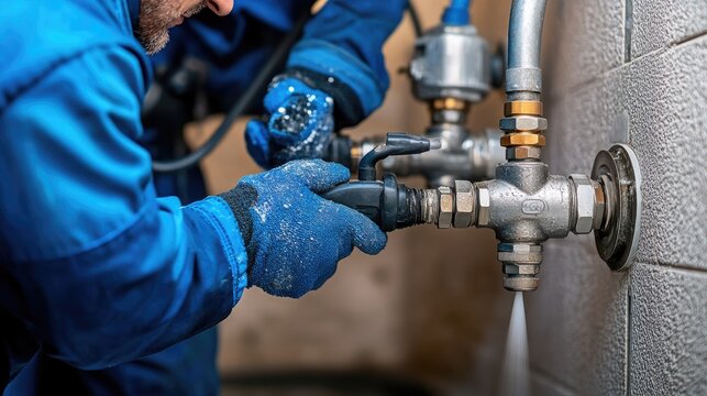 A plumber checks a water leak. The photo shows a plumber working on a pipe that has a leak.