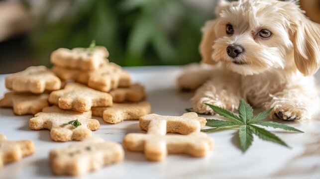 Medicinal treats for dogs and cats with green cannabis leaves. Stock photo