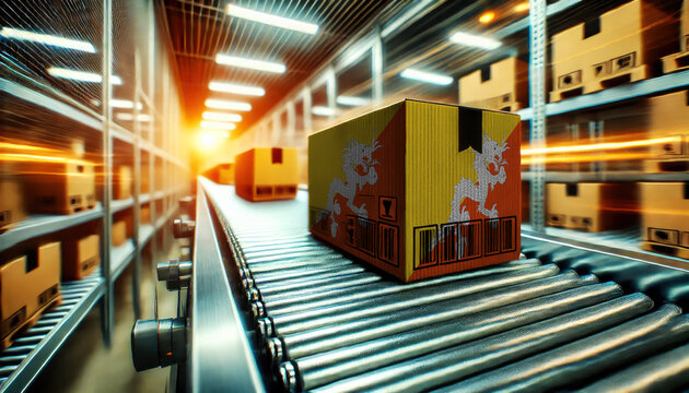 A package with the Bhutan flag design moves along a conveyor belt in a brightly lit warehouse, symbolizing logistics, shipping, and e-commerce operations