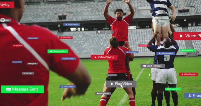 Rugby players in stadium with social media notifications animation over them