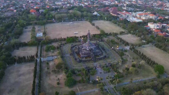 Denpasar, Bali Indonesia - Aug 27 2024 : Collection aerial footage of Bajra Sandhi Monument, landmarks of Denpasar City - Bali