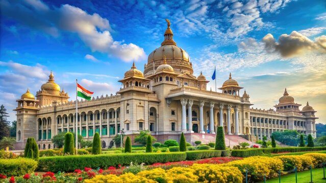 Majestic Vidhana Soudha building in Bangalore, Karnataka, India, showcasing impressive Dravidian-style architecture, serene gardens, and vibrant Indian flags waving against a bright blue sky.