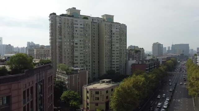 aerial footage of high buildings and skyscrapers in the city of Chengdu, China