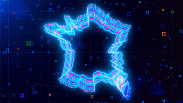 A vibrant digital artwork of France map outlined with neon lines, set against a futuristic grid background with colorful abstract HUD squares.