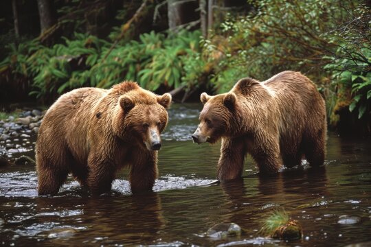 Brown Bears Sibling: A Stunning Photo of Ursus Arctos Along Pink Salmon Stream in Chichagof Island, Alaska