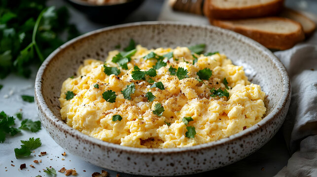 Close-up of a bowl of scrambled eggs topped with fresh cilantro and seasonings.