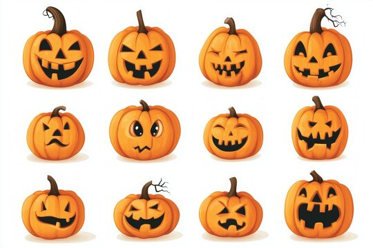 cute halloween carved pumpkin clipart sheet with different expressions.