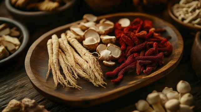 Traditional Chinese herbal medicine display with ginseng, red ginseng, and reishi mushrooms in a wooden dish. Emphasizing natural ingredients and roots for holistic health. -