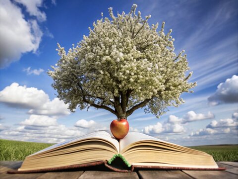 Conceptual photo for Teacher's Day, book, apple and tree against the blue sky.