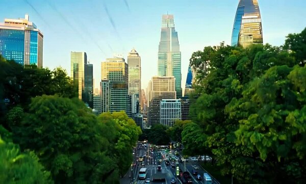 City corporate building skyscrapers with trees, slow motion footage