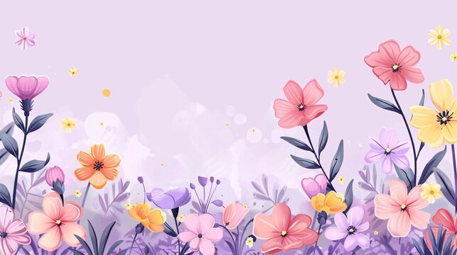 76. Adorable cartoon flower border set against a light orchid background, rendered in clean vector style, perfect for various design projects