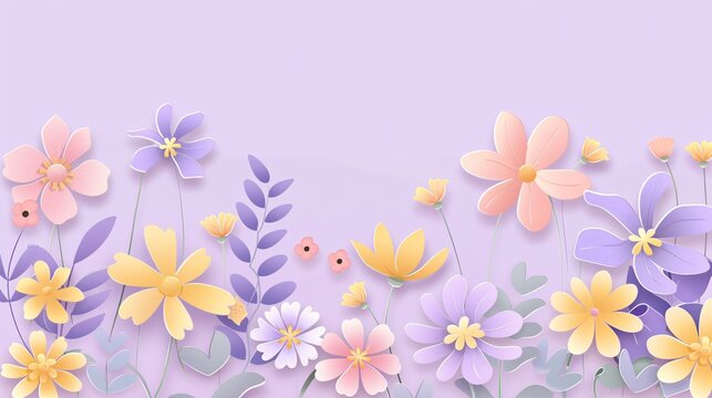 80. Clean vector illustration of a cute cartoon flower border, set on a light orchid background, ideal for adding a whimsical touch to designs