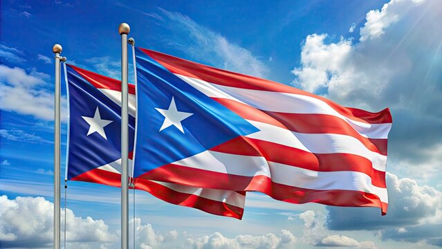 Close-Up Of Vibrant Banderas De Puerto Rico Y Cuba Waving Together In The Wind, Symbolizing Unity And Cultural Exchange.