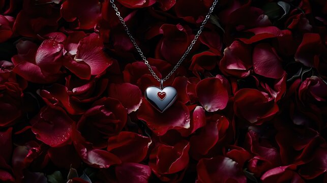 silver heart necklace rests on bed of red rose petals love valentines day