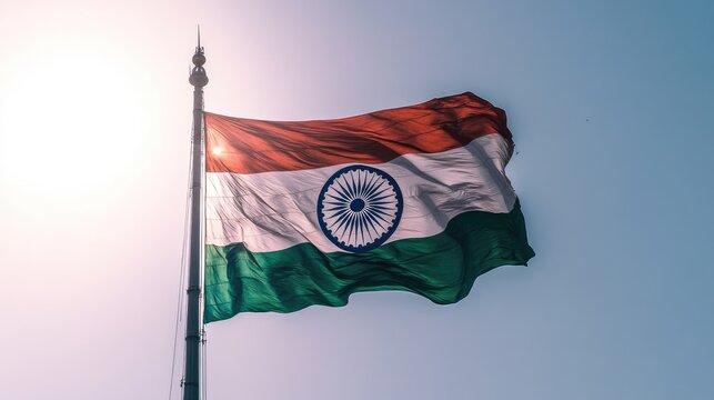 The majestic national flag of India flutters against a clear blue sky, symbolizing pride and patriotism. Indian Independence Day