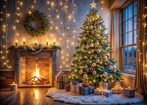 Festive Christmas-Themed Wallpaper Featuring A Decorated Tree, Twinkling Lights, And A Cozy Winter Atmosphere