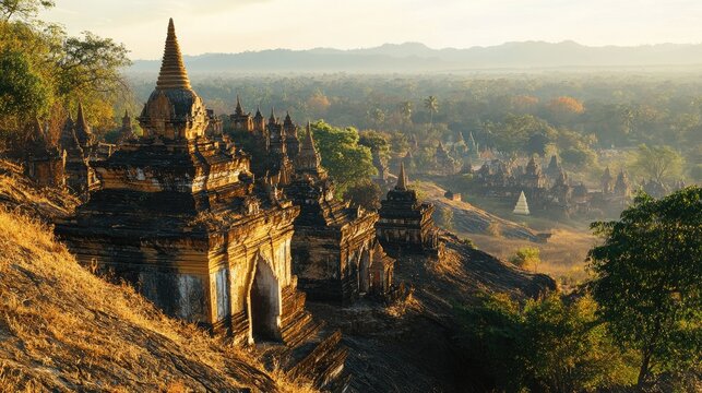 A panoramic view of the Hemakuta Hill temples, with their unique architecture and surrounding landscape.